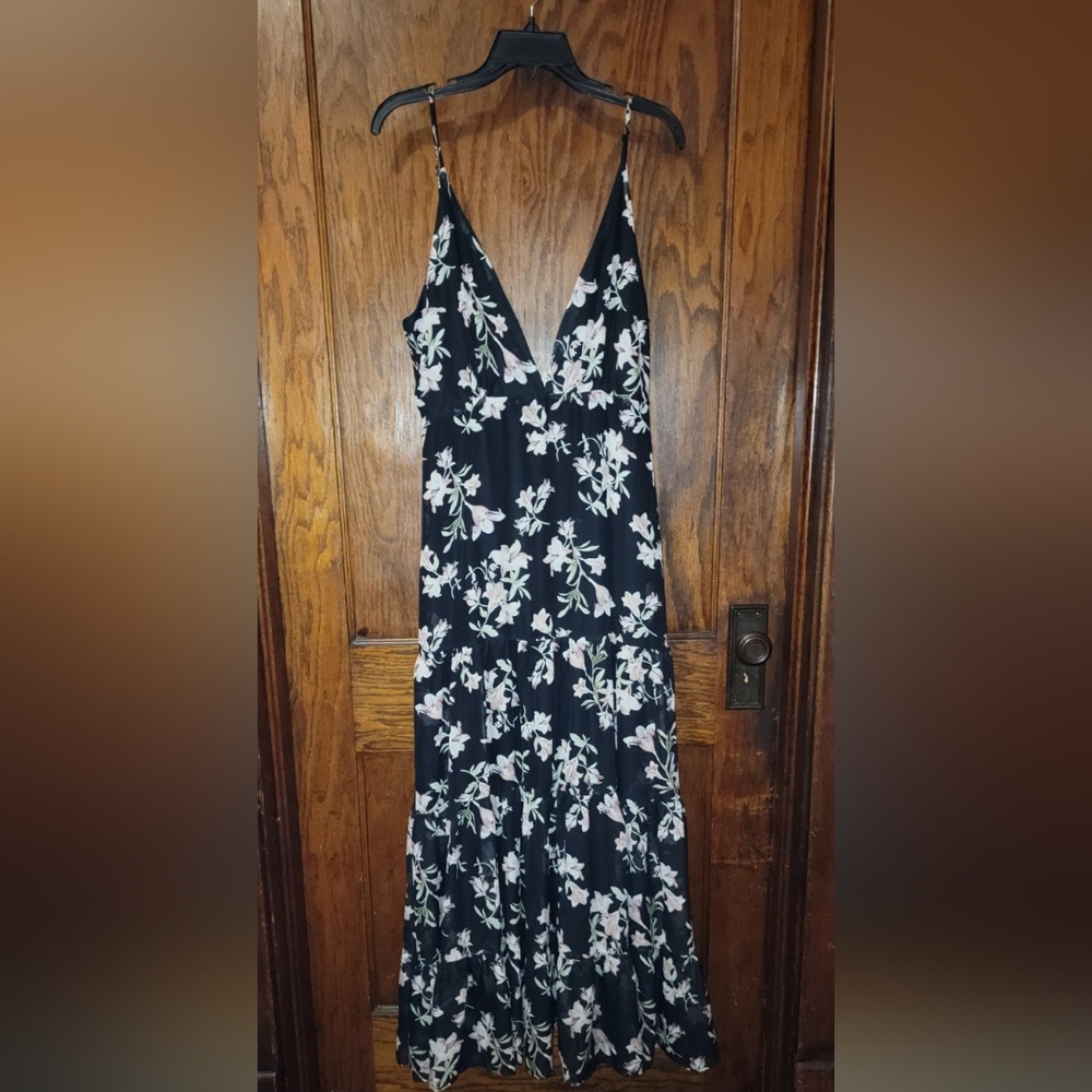 NY Collection Maxi Dress Size L NWT Black Floral Sleeveless Boho Tiered Sundress